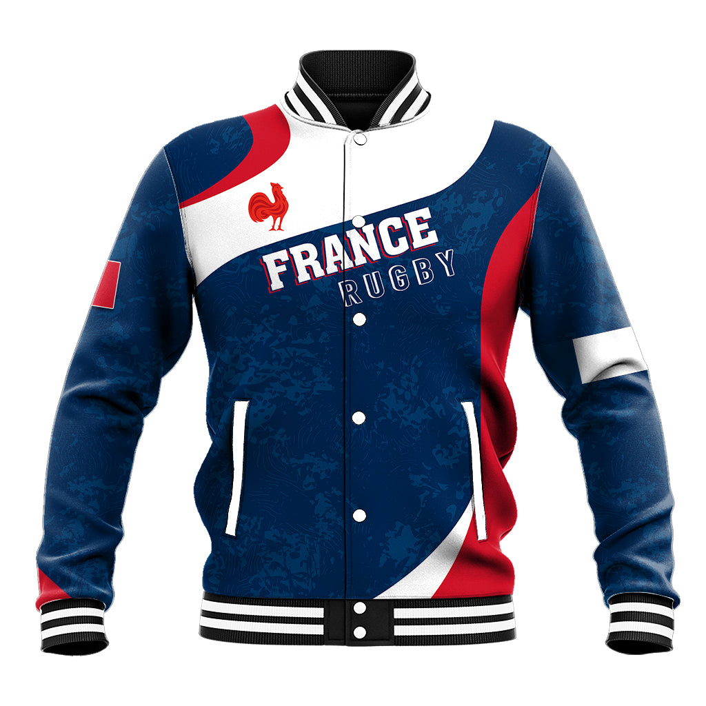 Blue, white and red France rugby varsity baseball jacket with striped collar and snap buttons
