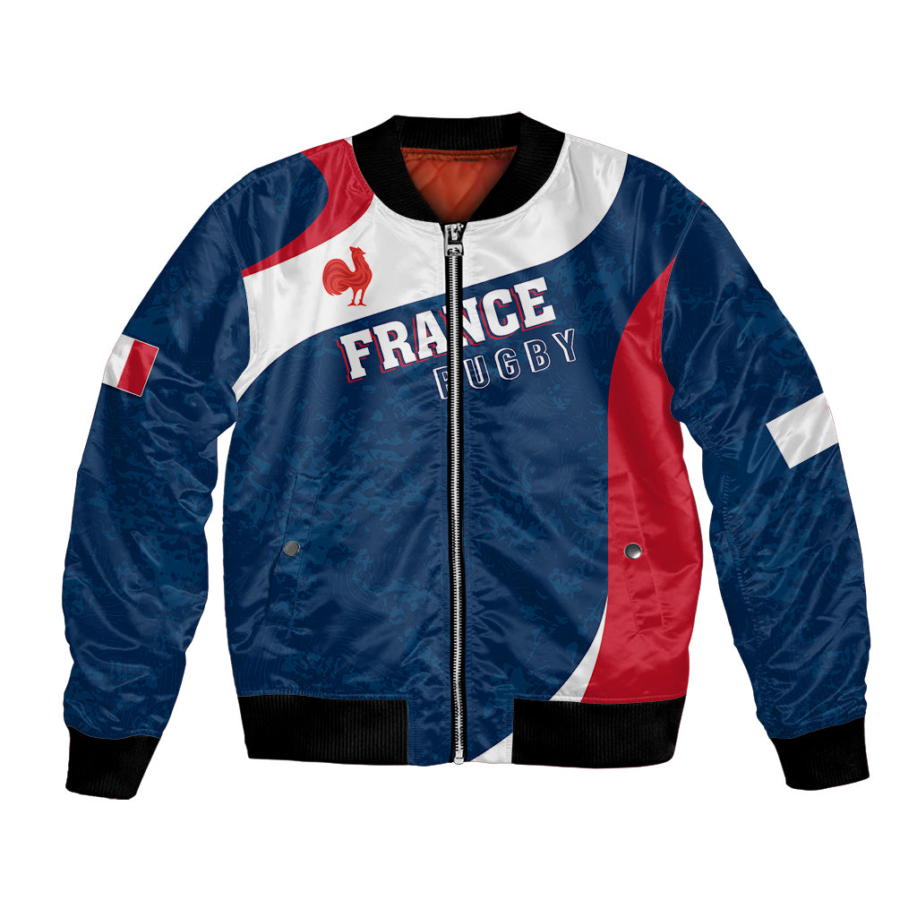 Blue France rugby bomber jacket with white/red panels and front zip