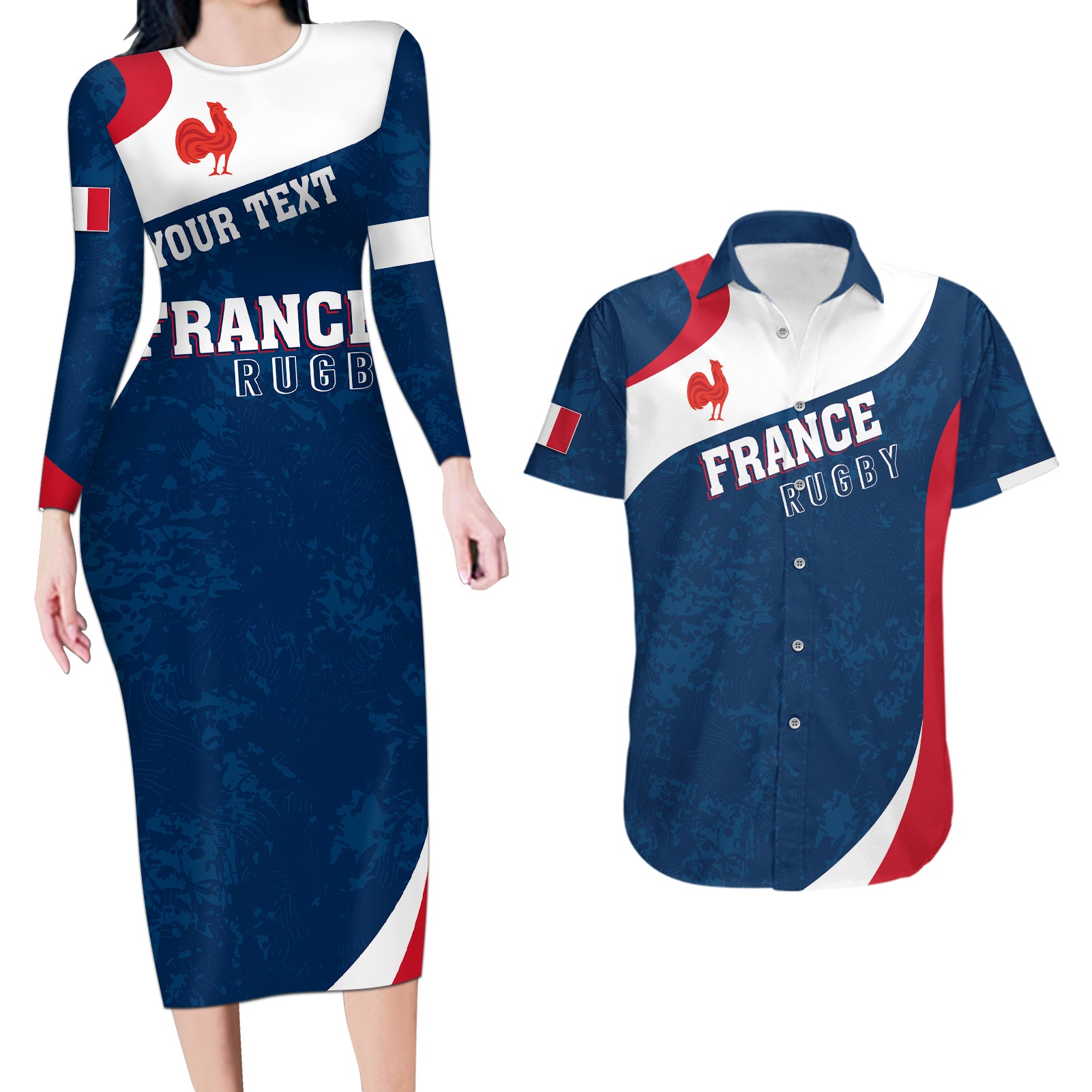 Personalised France Rugby Couples Matching Long Sleeve Bodycon Dress and Hawaiian Shirt World Cup Les Blues Curves Style LT7 - Wonder Print Shop