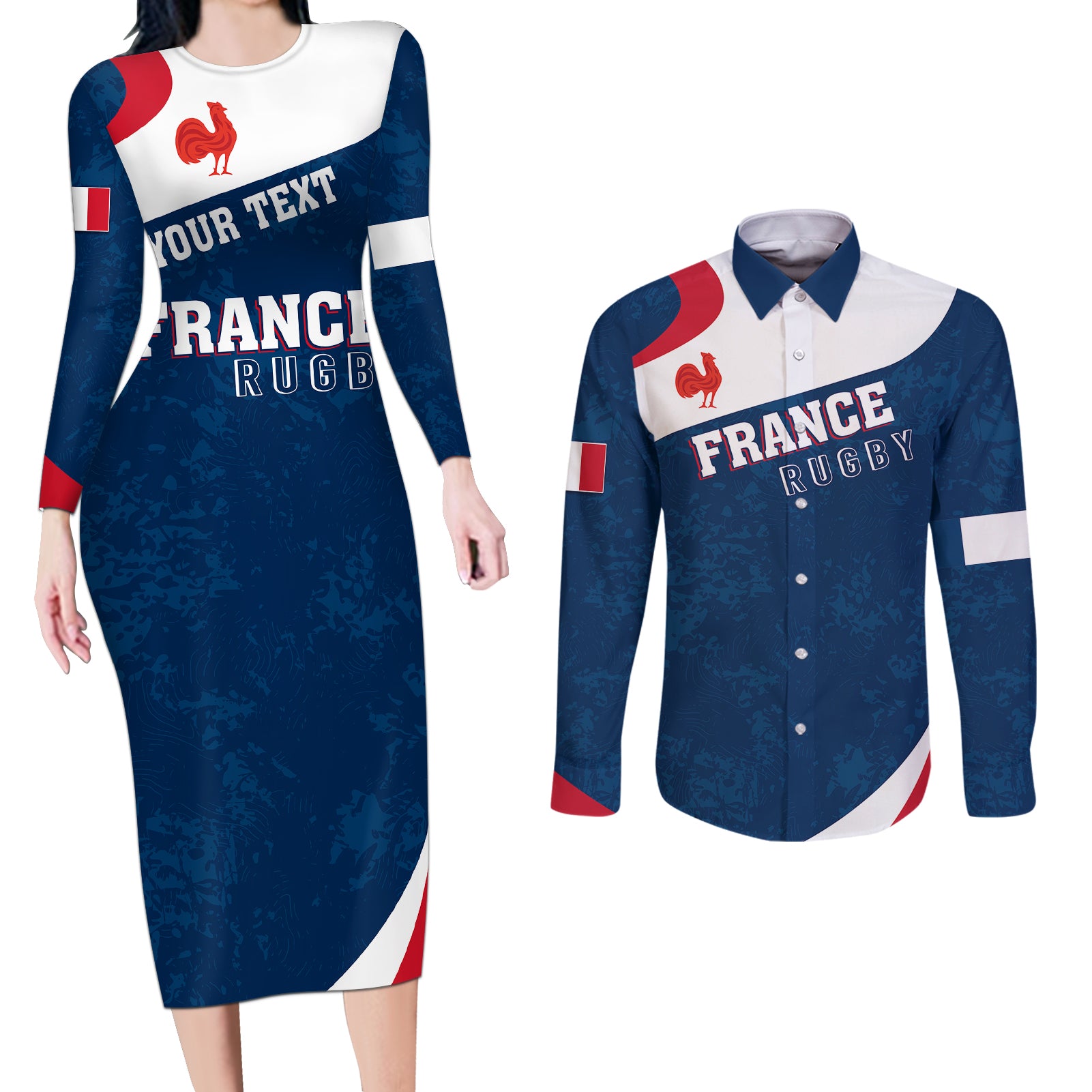 Personalised France Rugby Couples Matching Long Sleeve Bodycon Dress and Long Sleeve Button Shirts World Cup Les Blues Curves Style LT7 - Wonder Print Shop