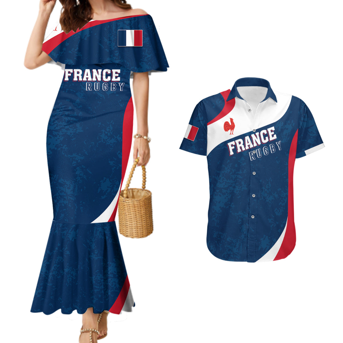 Personalised France Rugby Couples Matching Mermaid Dress and Hawaiian Shirt World Cup Les Blues Curves Style LT7 - Wonder Print Shop