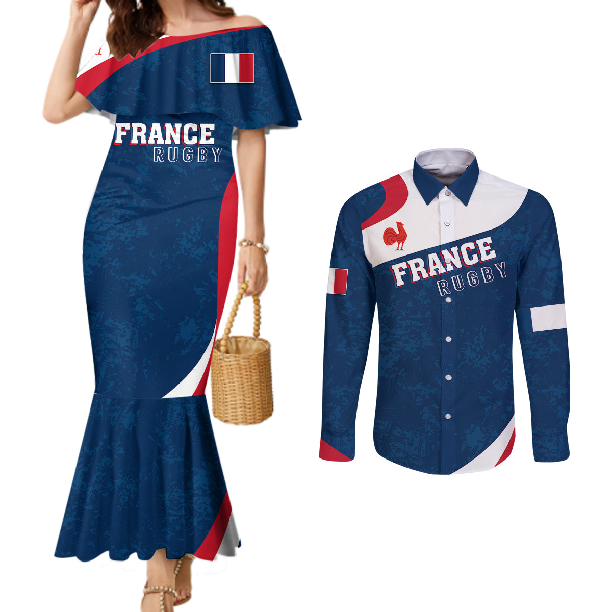 personalised-france-rugby-couples-matching-mermaid-dress-and-long-sleeve-button-shirts-world-cup-les-blues-curves-style