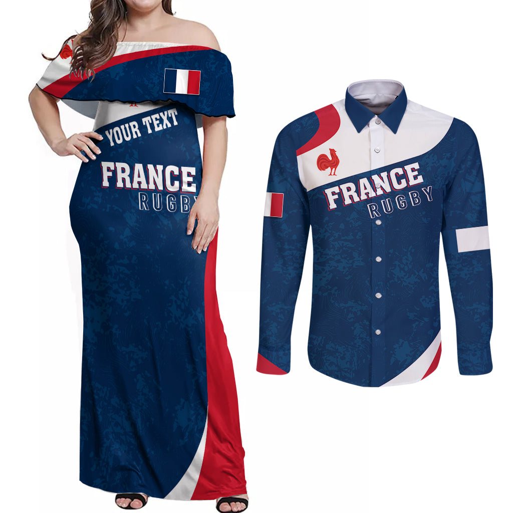 Personalised France Rugby Couples Matching Off Shoulder Maxi Dress and Long Sleeve Button Shirts World Cup Les Blues Curves Style LT7 - Wonder Print Shop