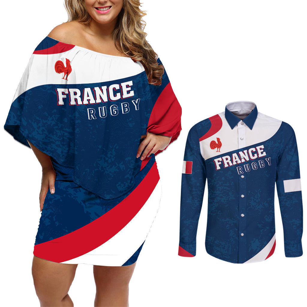 Personalised France Rugby Couples Matching Off Shoulder Short Dress and Long Sleeve Button Shirts World Cup Les Blues Curves Style LT7 - Wonder Print Shop