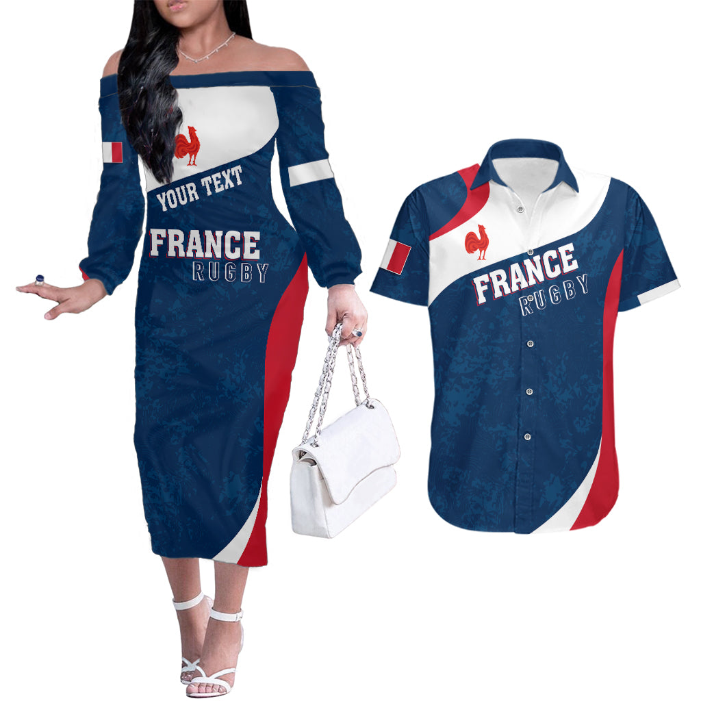 Personalised France Rugby Couples Matching Off The Shoulder Long Sleeve Dress and Hawaiian Shirt World Cup Les Blues Curves Style LT7 - Wonder Print Shop