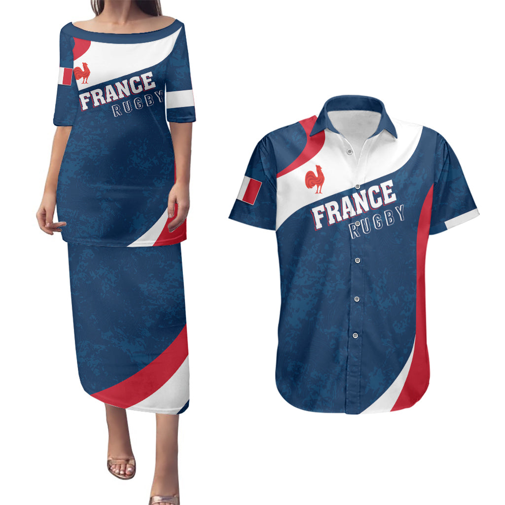 Personalised France Rugby Couples Matching Puletasi Dress and Hawaiian Shirt World Cup Les Blues Curves Style LT7 - Wonder Print Shop