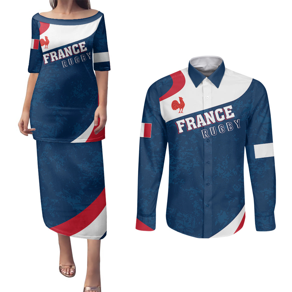 Personalised France Rugby Couples Matching Puletasi Dress and Long Sleeve Button Shirts World Cup Les Blues Curves Style LT7 - Wonder Print Shop