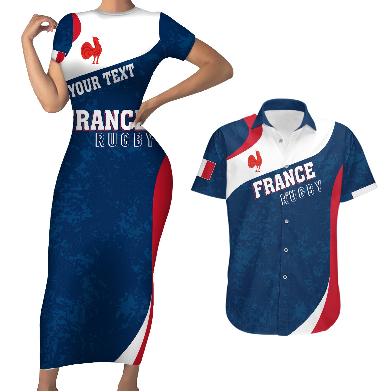 Personalised France Rugby Couples Matching Short Sleeve Bodycon Dress and Hawaiian Shirt World Cup Les Blues Curves Style LT7 - Wonder Print Shop