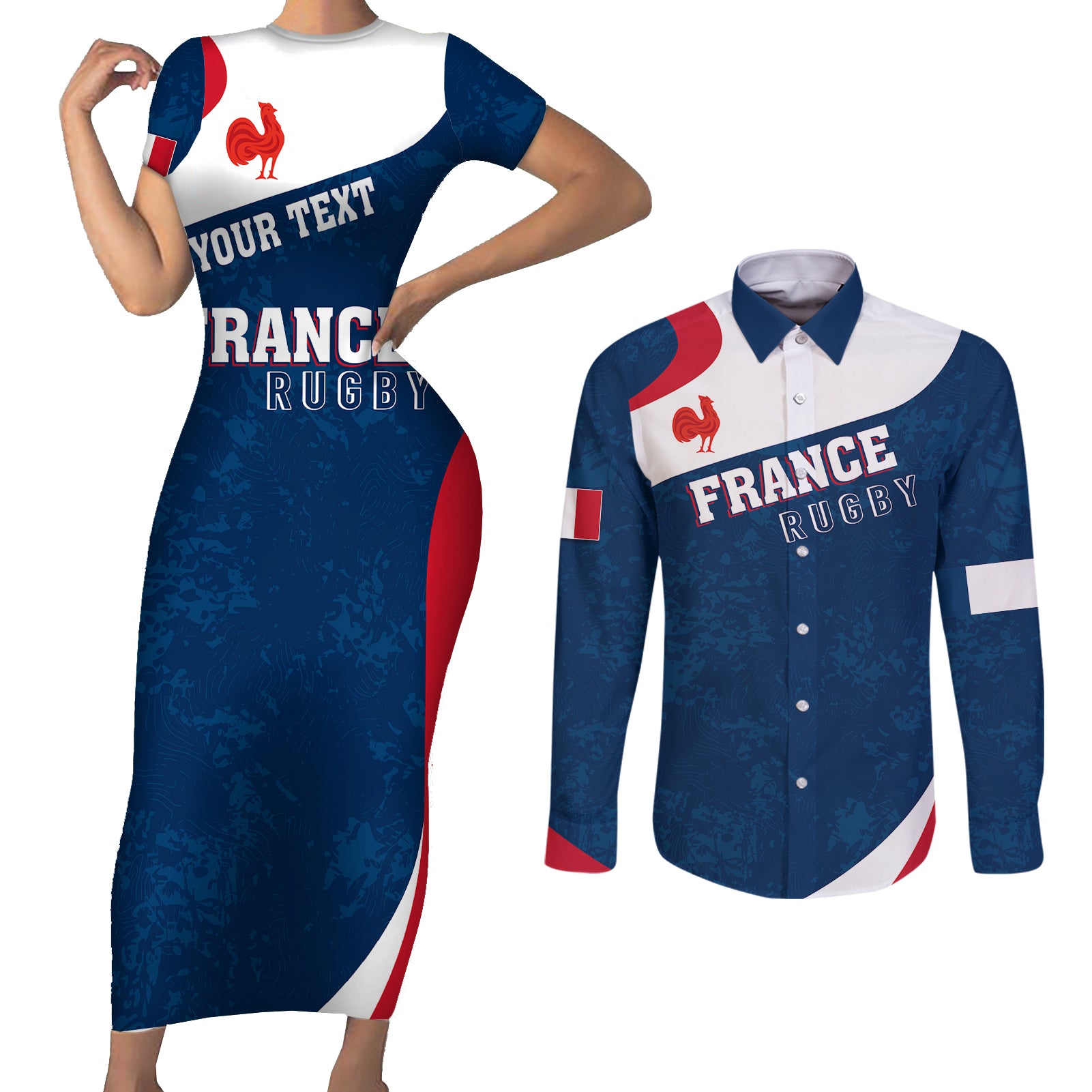 Personalised France Rugby Couples Matching Short Sleeve Bodycon Dress and Long Sleeve Button Shirts World Cup Les Blues Curves Style LT7 - Wonder Print Shop