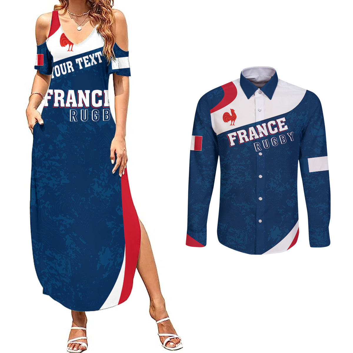 Personalised France Rugby Couples Matching Summer Maxi Dress and Long Sleeve Button Shirts World Cup Les Blues Curves Style LT7 - Wonder Print Shop