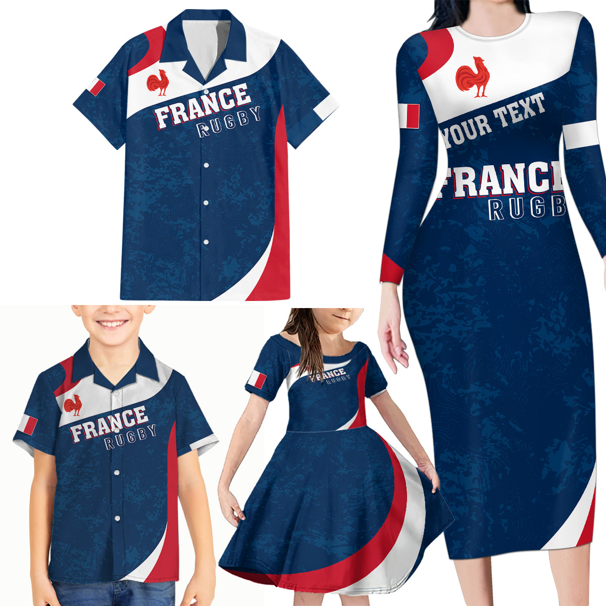 Personalised France Rugby Family Matching Long Sleeve Bodycon Dress and Hawaiian Shirt World Cup Les Blues Curves Style LT7 - Wonder Print Shop