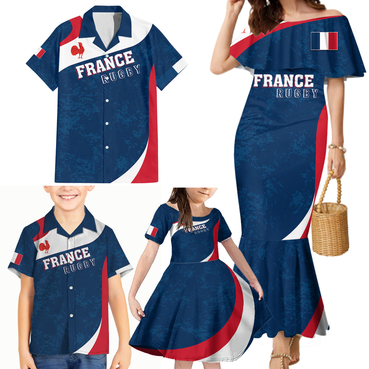 Personalised France Rugby Family Matching Mermaid Dress and Hawaiian Shirt World Cup Les Blues Curves Style LT7 - Wonder Print Shop