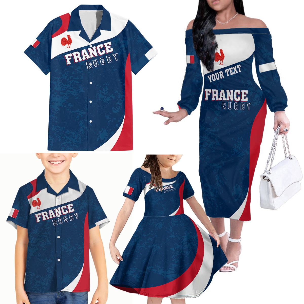 Personalised France Rugby Family Matching Off Shoulder Long Sleeve Dress and Hawaiian Shirt World Cup Les Blues Curves Style - Wonder Print Shop