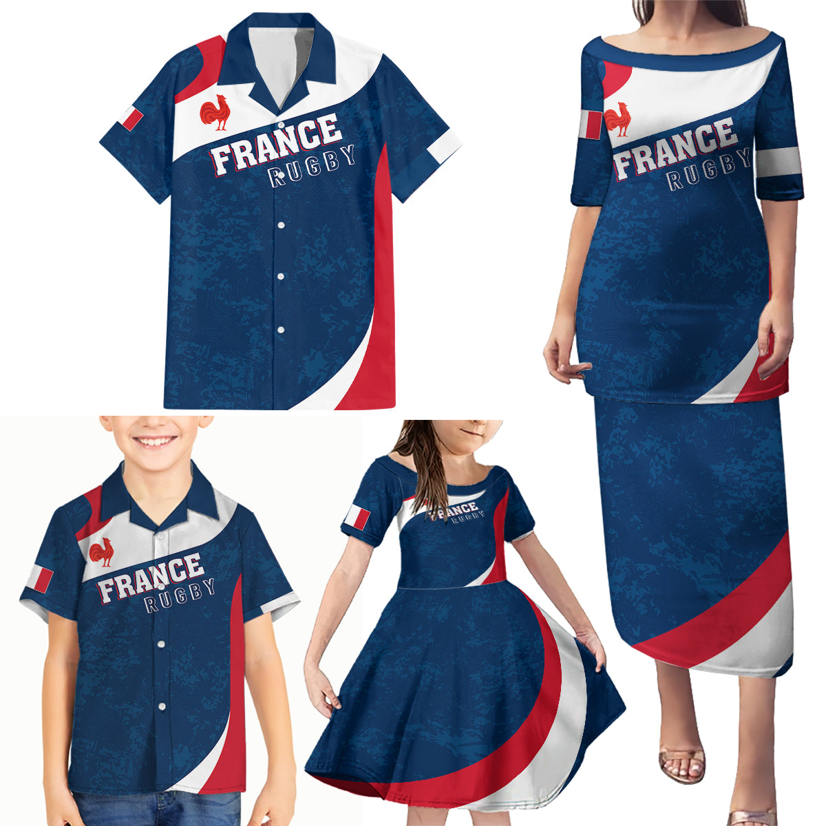 Personalised France Rugby Family Matching Puletasi Dress and Hawaiian Shirt World Cup Les Blues Curves Style - Wonder Print Shop