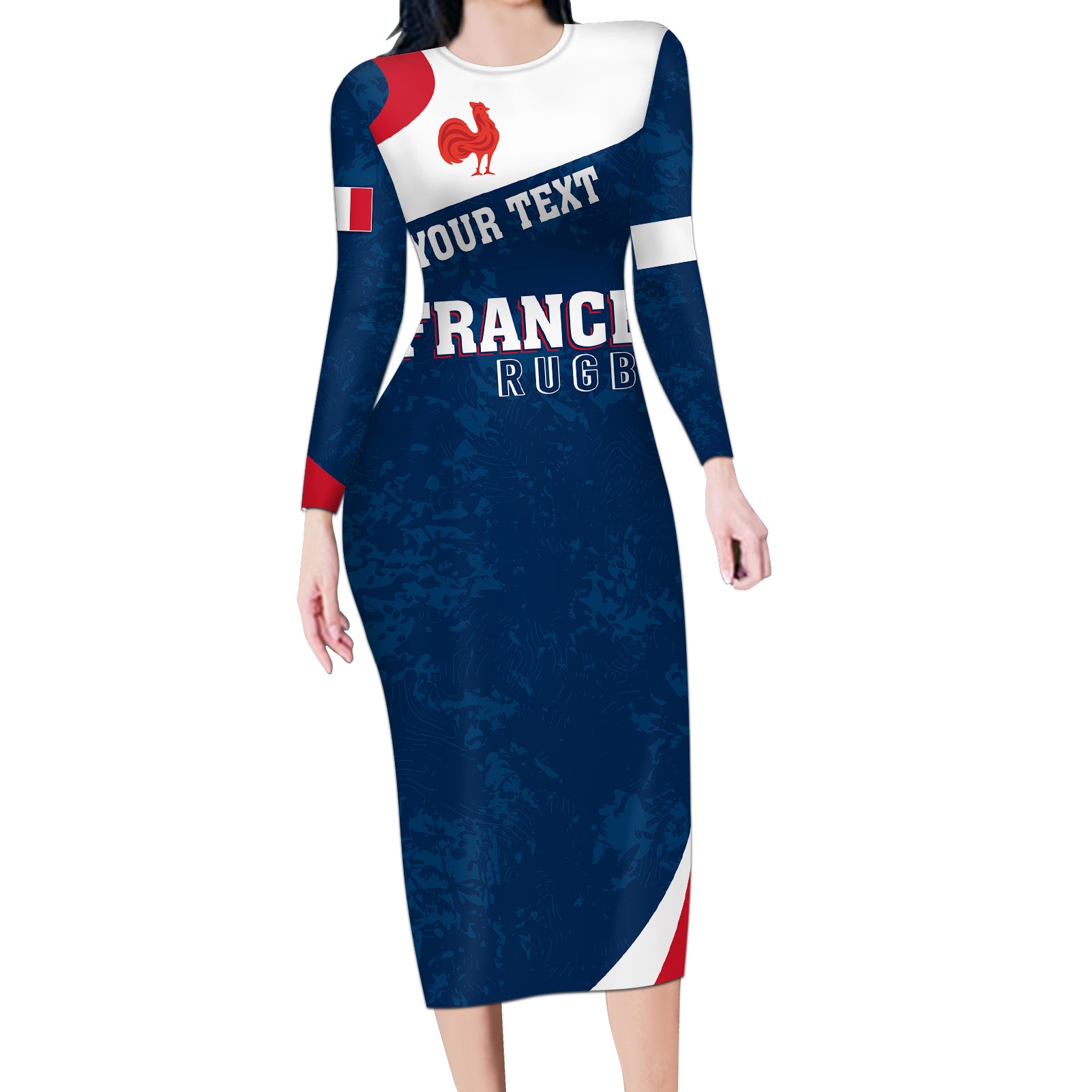 Personalised France Rugby Long Sleeve Bodycon Dress World Cup Les Blues Curves Style - Wonder Print Shop