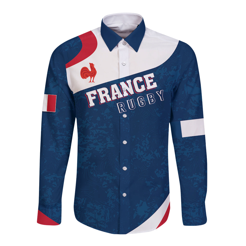 Blue rugby button shirt with France Rugby print and red panel accents