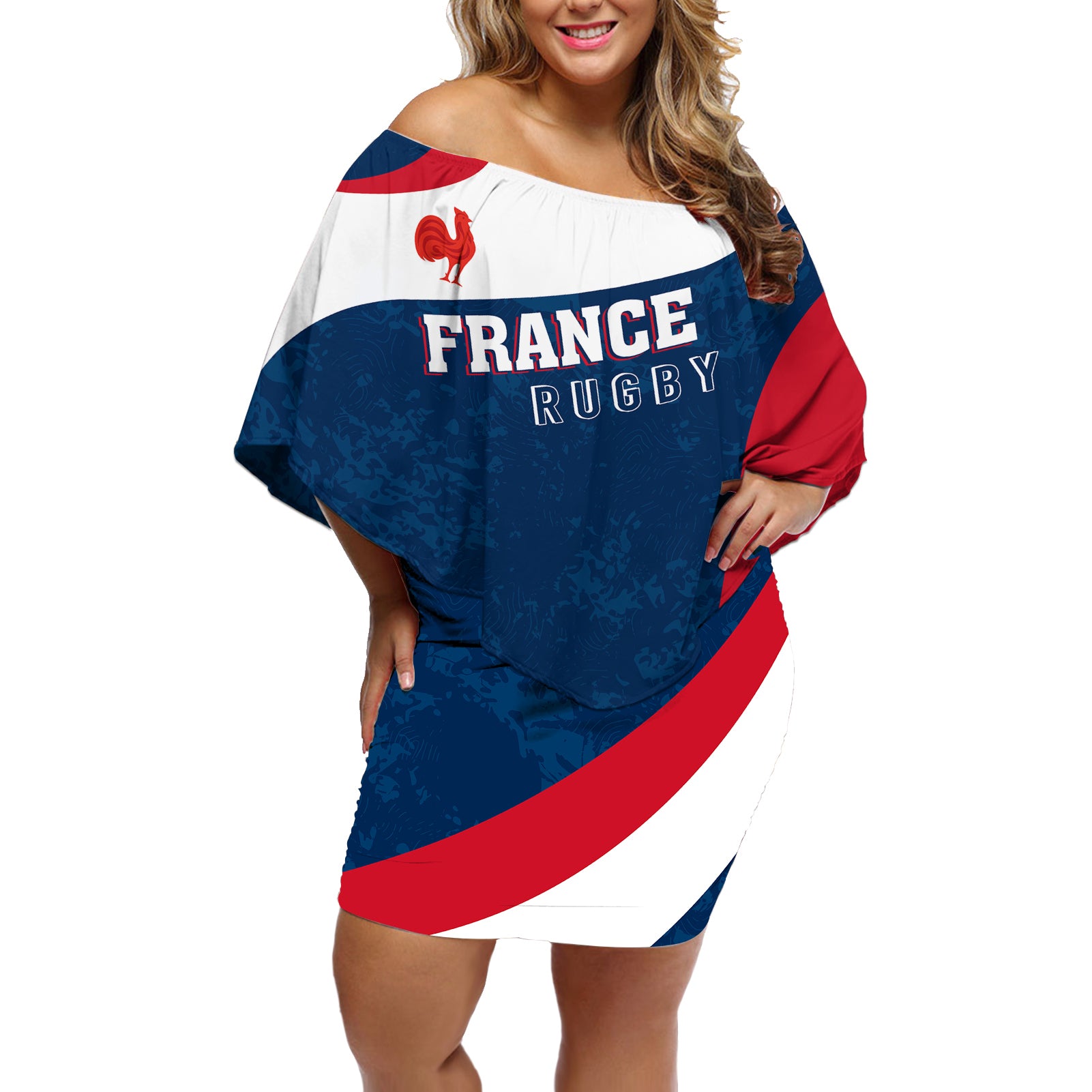 Personalised France Rugby Off Shoulder Short Dress World Cup Les Blues Curves Style - Wonder Print Shop