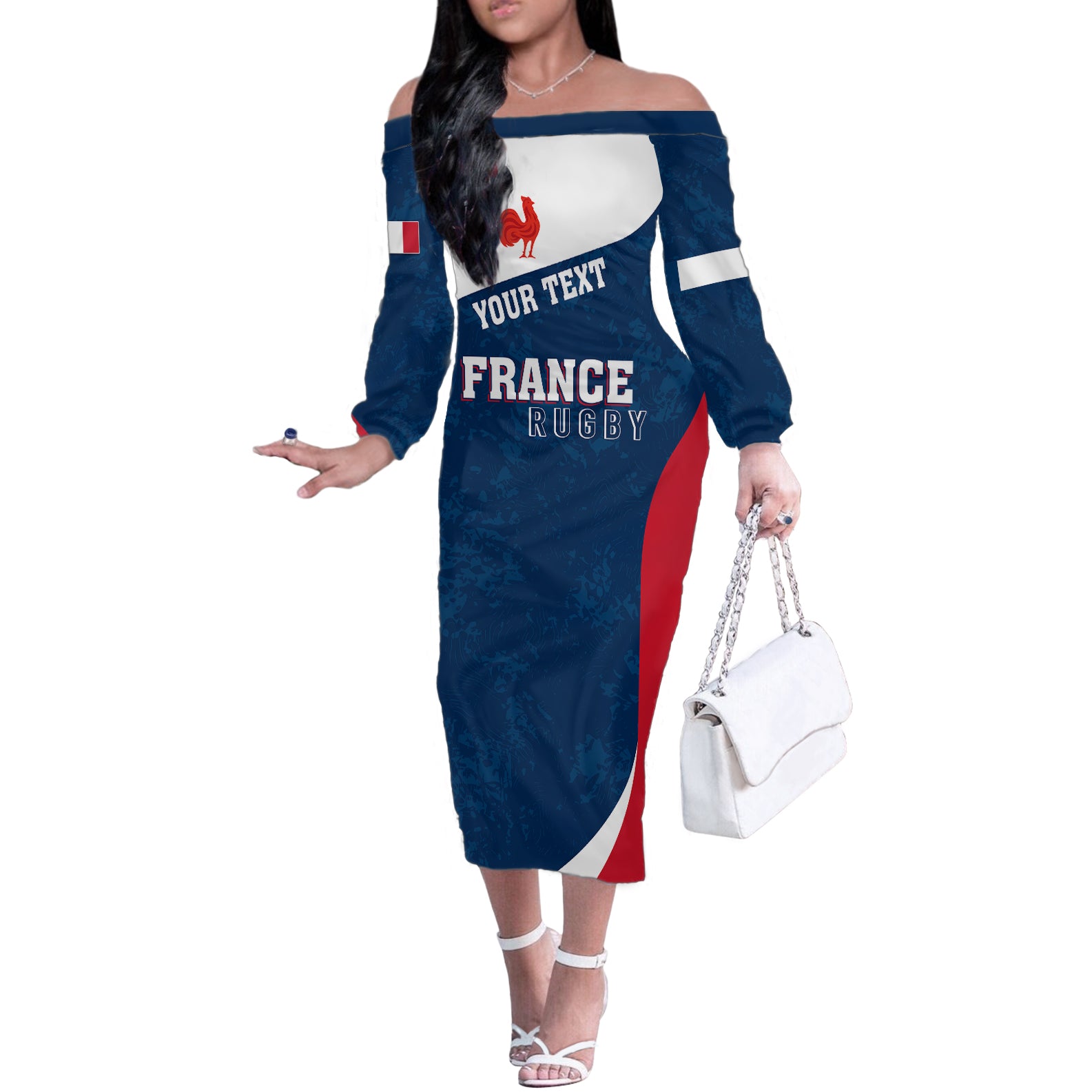 Personalised France Rugby Off The Shoulder Long Sleeve Dress World Cup Les Blues Curves Style - Wonder Print Shop