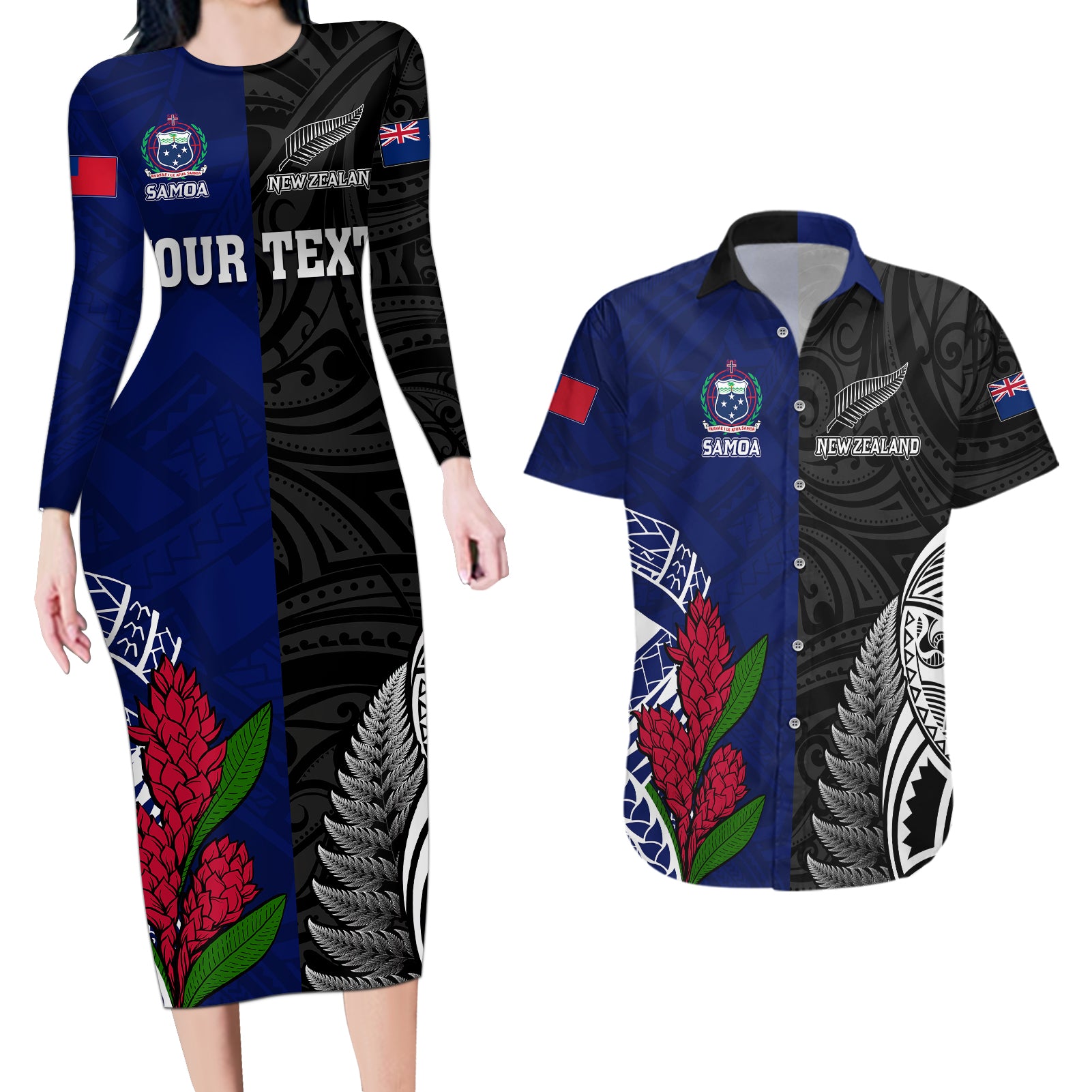 Personalised New Zealand Vs Samoa Rugby Couples Matching Long Sleeve Bodycon Dress and Hawaiian Shirt Go Champions LT7 - Wonder Print Shop