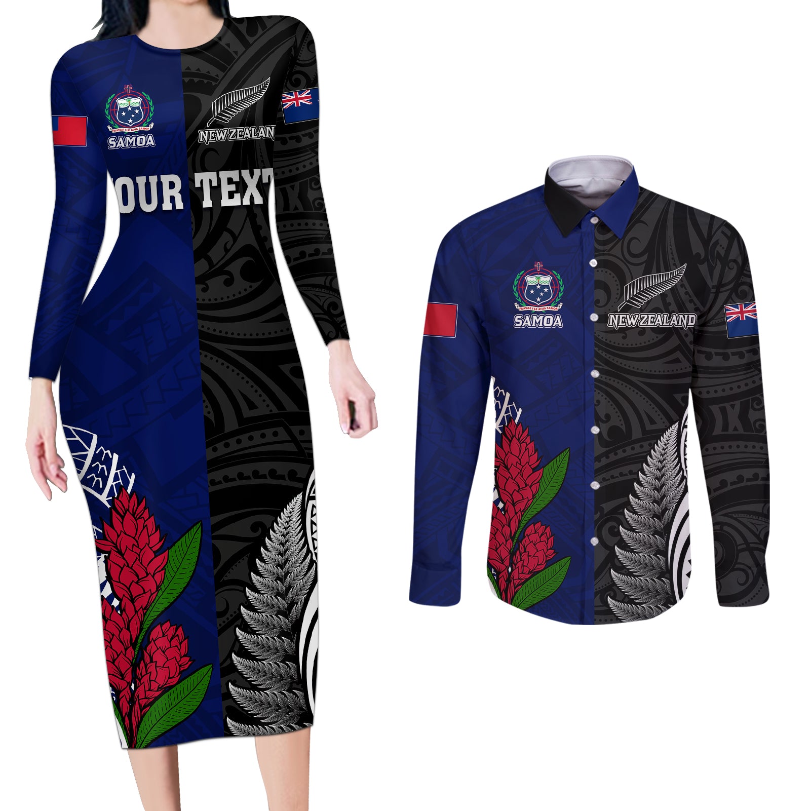 Personalised New Zealand Vs Samoa Rugby Couples Matching Long Sleeve Bodycon Dress and Long Sleeve Button Shirts Go Champions LT7 - Wonder Print Shop