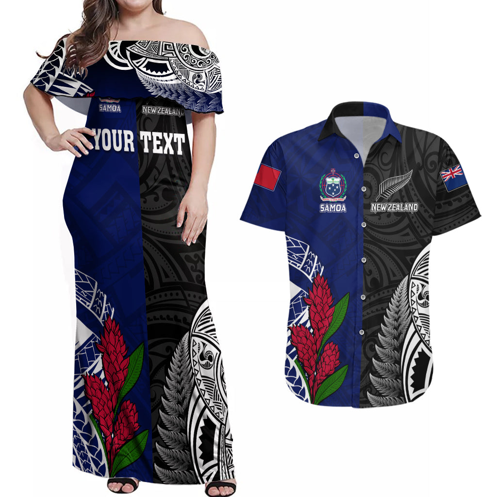 Personalised New Zealand Vs Samoa Rugby Couples Matching Off Shoulder Maxi Dress and Hawaiian Shirt Go Champions LT7 - Wonder Print Shop