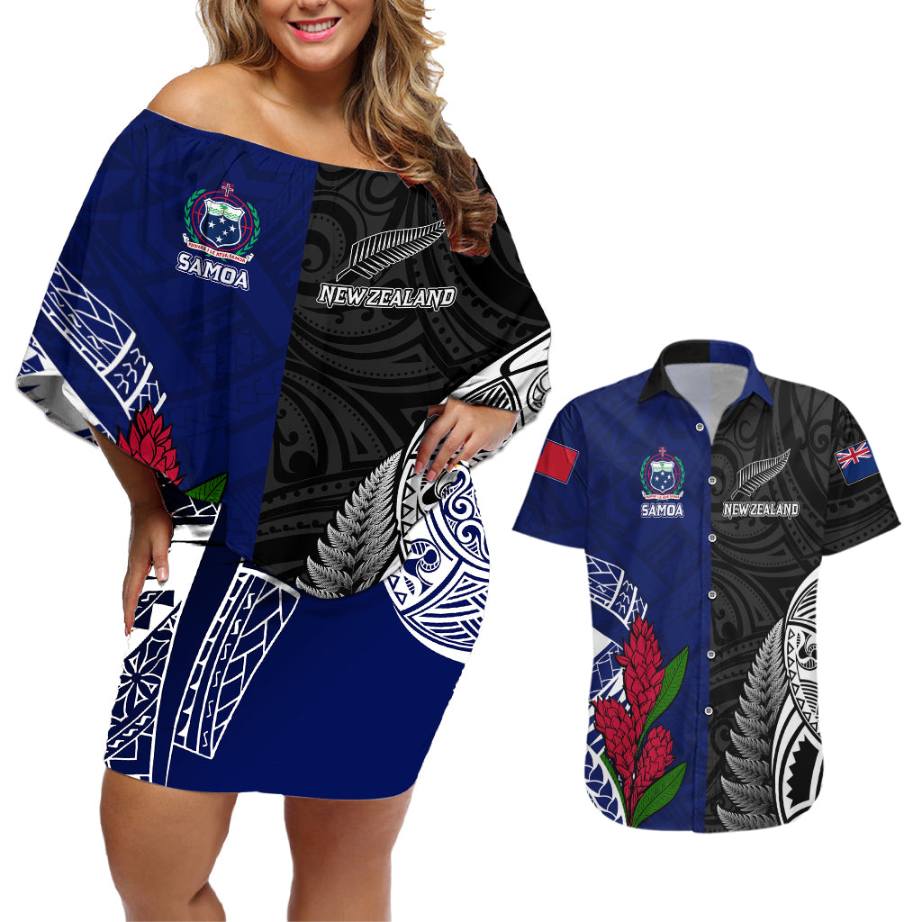 Personalised New Zealand Vs Samoa Rugby Couples Matching Off Shoulder Short Dress and Hawaiian Shirt Go Champions LT7 - Wonder Print Shop