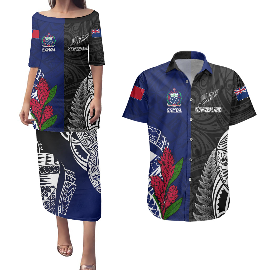 Personalised New Zealand Vs Samoa Rugby Couples Matching Puletasi Dress and Hawaiian Shirt Go Champions LT7 - Wonder Print Shop