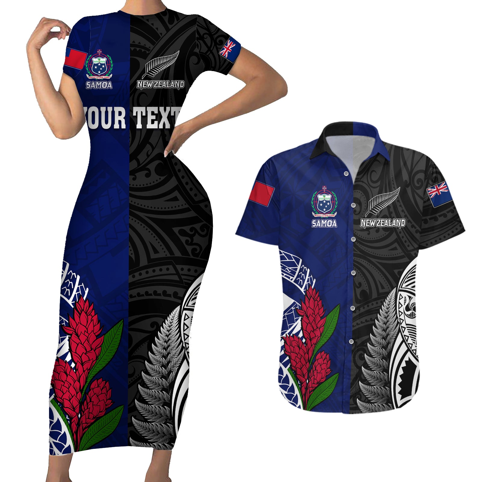 Personalised New Zealand Vs Samoa Rugby Couples Matching Short Sleeve Bodycon Dress and Hawaiian Shirt Go Champions LT7 - Wonder Print Shop