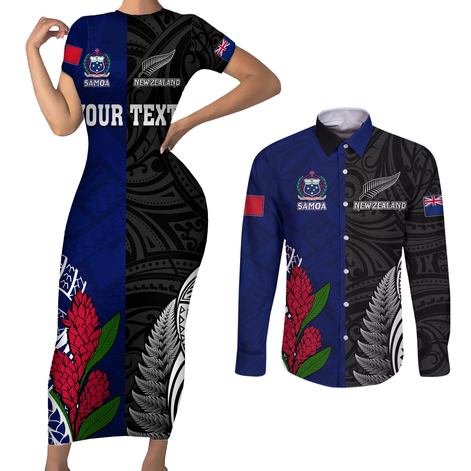 Personalised New Zealand Vs Samoa Rugby Couples Matching Short Sleeve Bodycon Dress and Long Sleeve Button Shirts Go Champions LT7 - Wonder Print Shop