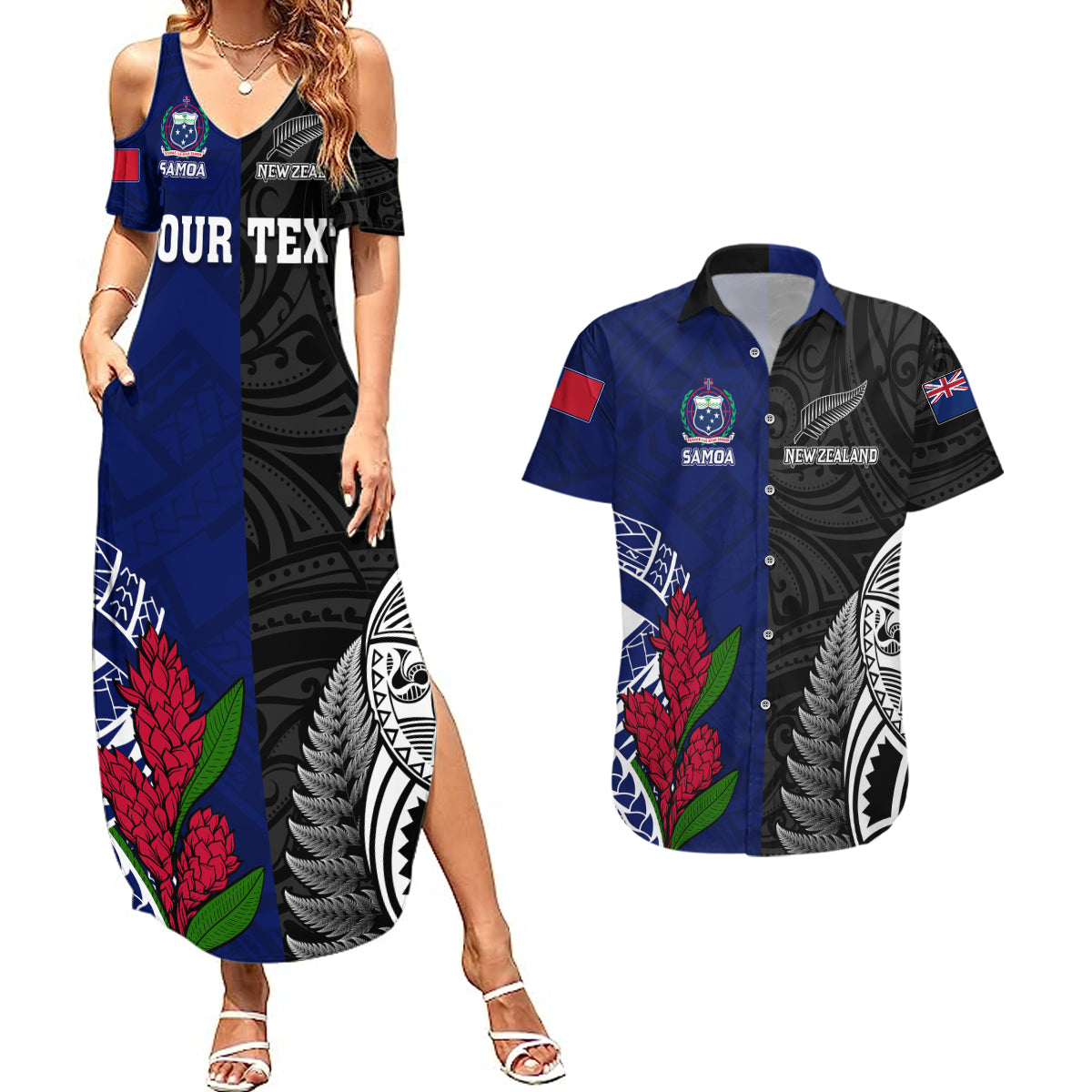 Personalised New Zealand Vs Samoa Rugby Couples Matching Summer Maxi Dress and Hawaiian Shirt Go Champions LT7 - Wonder Print Shop