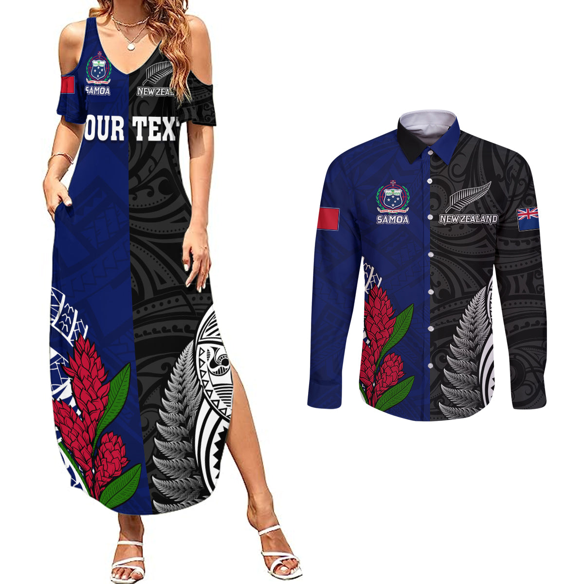 Personalised New Zealand Vs Samoa Rugby Couples Matching Summer Maxi Dress and Long Sleeve Button Shirts Go Champions LT7 - Wonder Print Shop