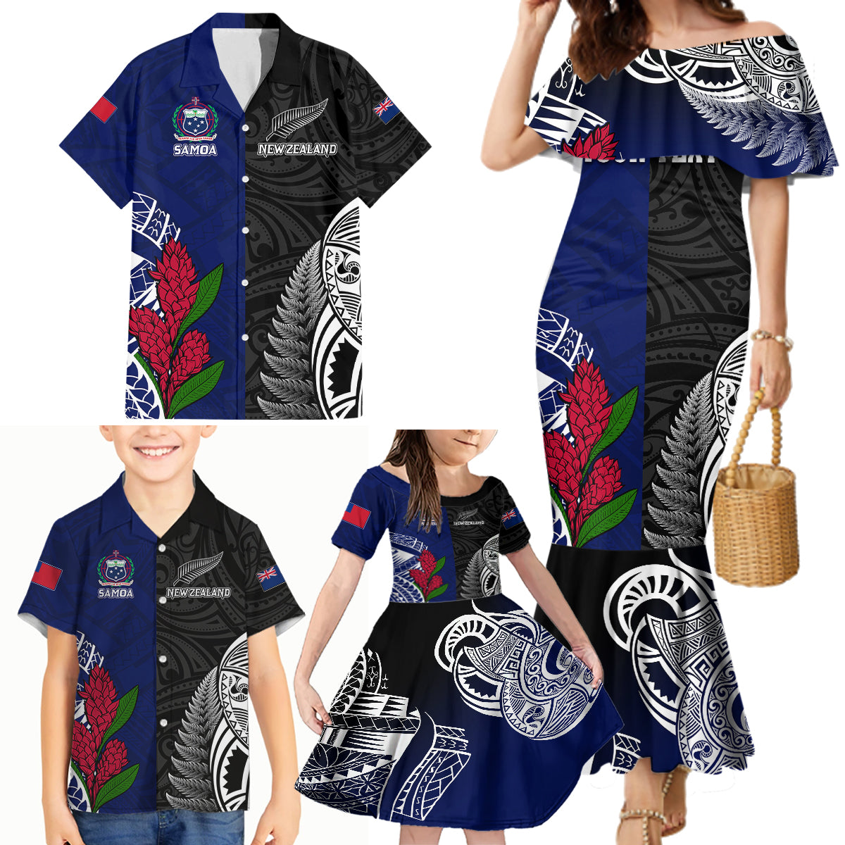 Personalised New Zealand Vs Samoa Rugby Family Matching Mermaid Dress and Hawaiian Shirt Go Champions LT7 - Wonder Print Shop