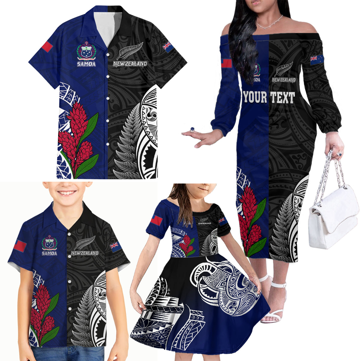 Personalised New Zealand Vs Samoa Rugby Family Matching Off Shoulder Long Sleeve Dress and Hawaiian Shirt Go Champions - Wonder Print Shop