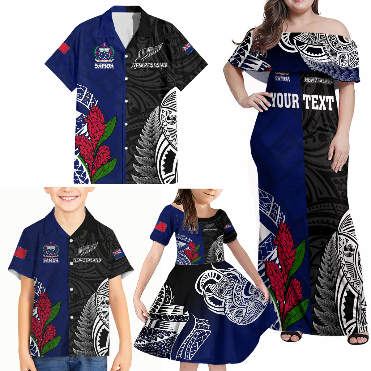 Personalised New Zealand Vs Samoa Rugby Family Matching Off Shoulder Maxi Dress and Hawaiian Shirt Go Champions LT7 - Wonder Print Shop