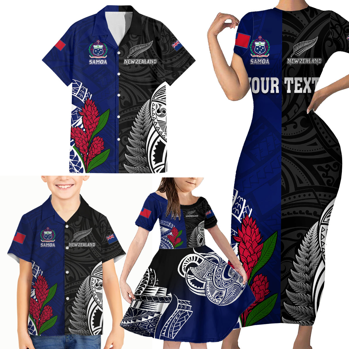 Personalised New Zealand Vs Samoa Rugby Family Matching Short Sleeve Bodycon Dress and Hawaiian Shirt Go Champions - Wonder Print Shop