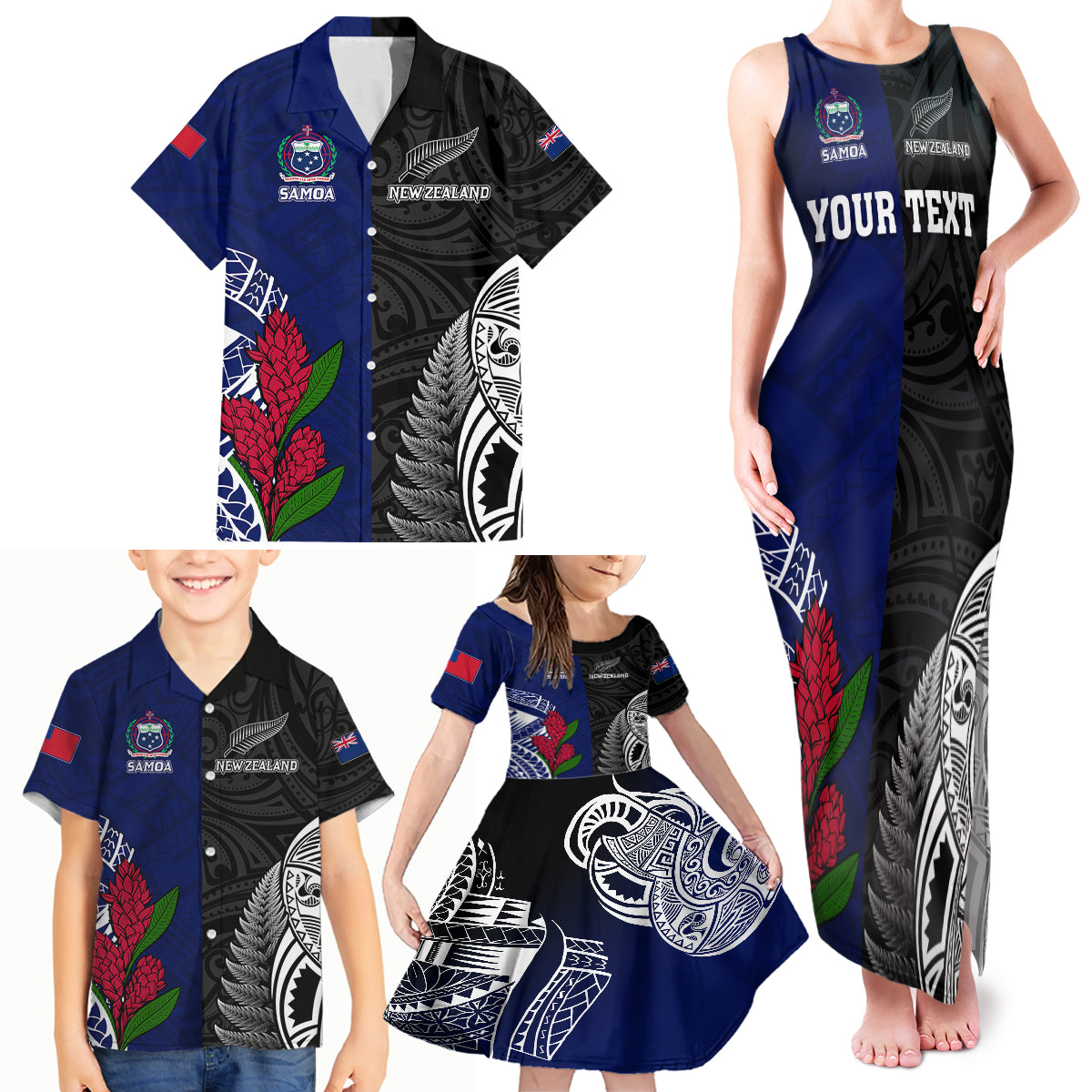 Personalised New Zealand Vs Samoa Rugby Family Matching Tank Maxi Dress and Hawaiian Shirt Go Champions - Wonder Print Shop