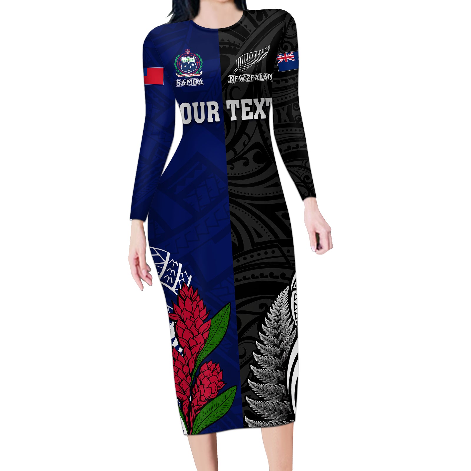 Personalised New Zealand Vs Samoa Rugby Long Sleeve Bodycon Dress Go Champions - Wonder Print Shop