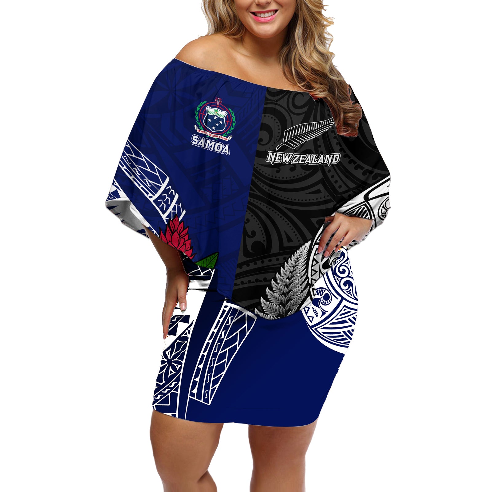 Personalised New Zealand Vs Samoa Rugby Off Shoulder Short Dress Go Champions - Wonder Print Shop