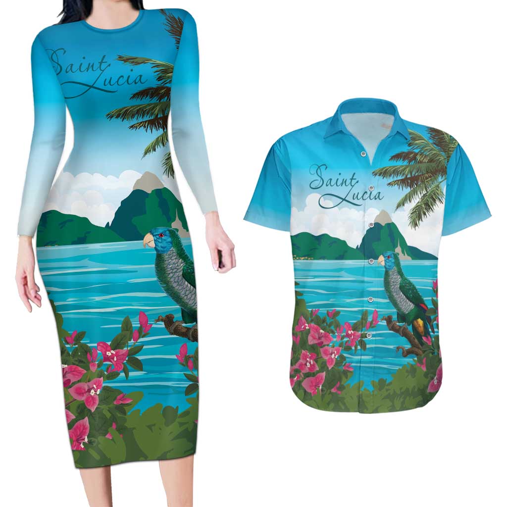 Saint Lucia Island Couples Matching Long Sleeve Bodycon Dress and Hawaiian Shirt Pitons Landscape