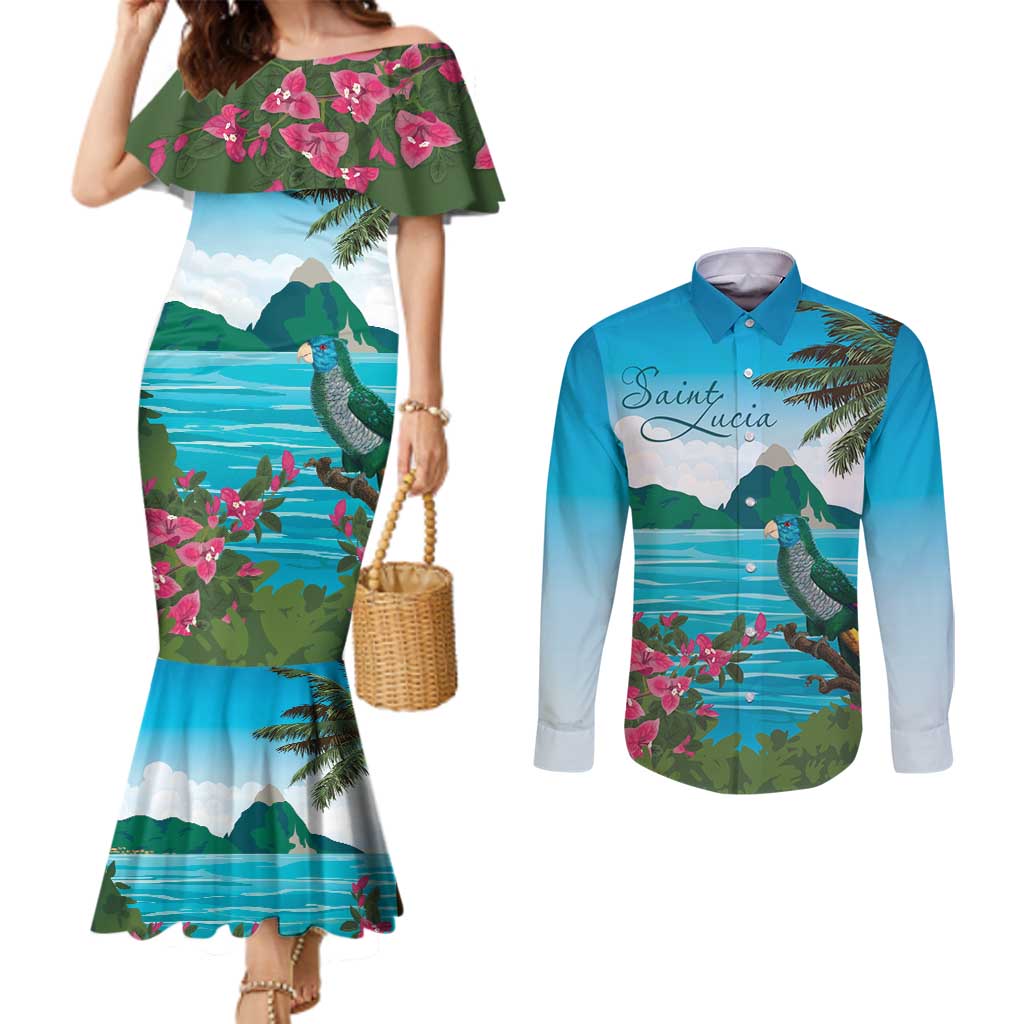 Saint Lucia Island Couples Matching Mermaid Dress and Long Sleeve Button Shirt Pitons Landscape