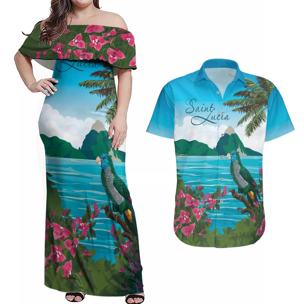 Saint Lucia Island Couples Matching Off Shoulder Maxi Dress and Hawaiian Shirt Pitons Landscape