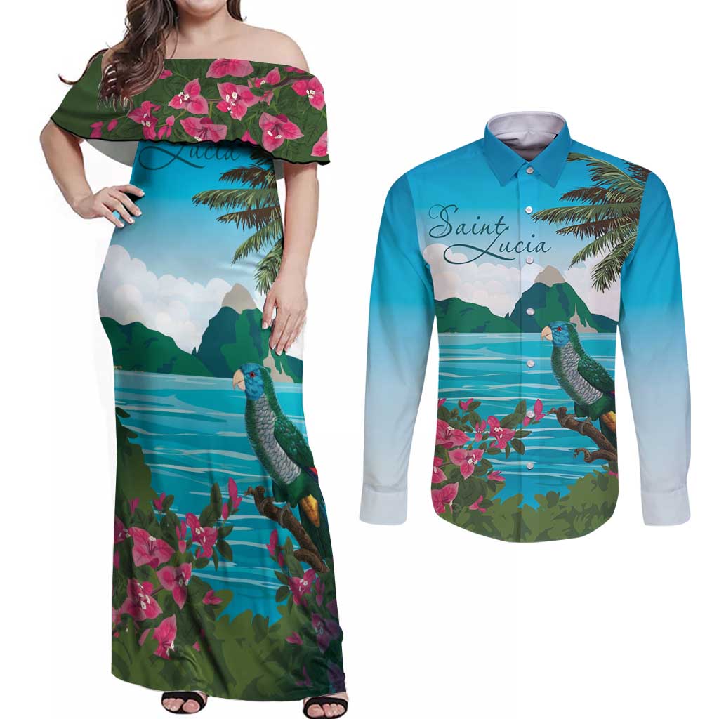 Saint Lucia Island Couples Matching Off Shoulder Maxi Dress and Long Sleeve Button Shirt Pitons Landscape