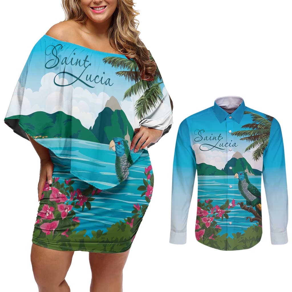 Saint Lucia Island Couples Matching Off Shoulder Short Dress and Long Sleeve Button Shirt Pitons Landscape