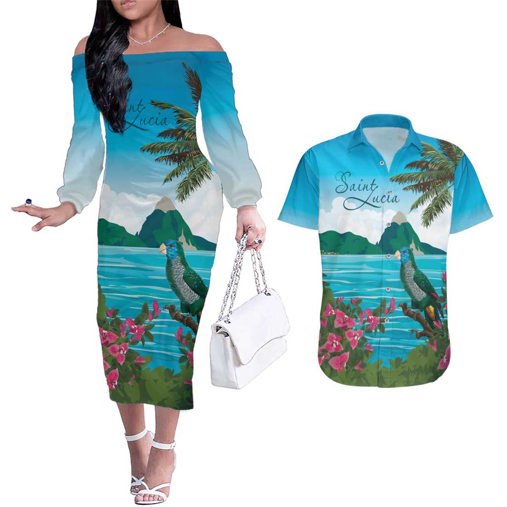 Saint Lucia Island Couples Matching Off The Shoulder Long Sleeve Dress and Hawaiian Shirt Pitons Landscape