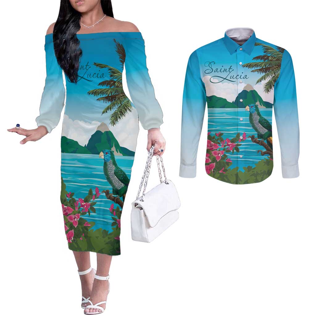 Saint Lucia Island Couples Matching Off The Shoulder Long Sleeve Dress and Long Sleeve Button Shirt Pitons Landscape