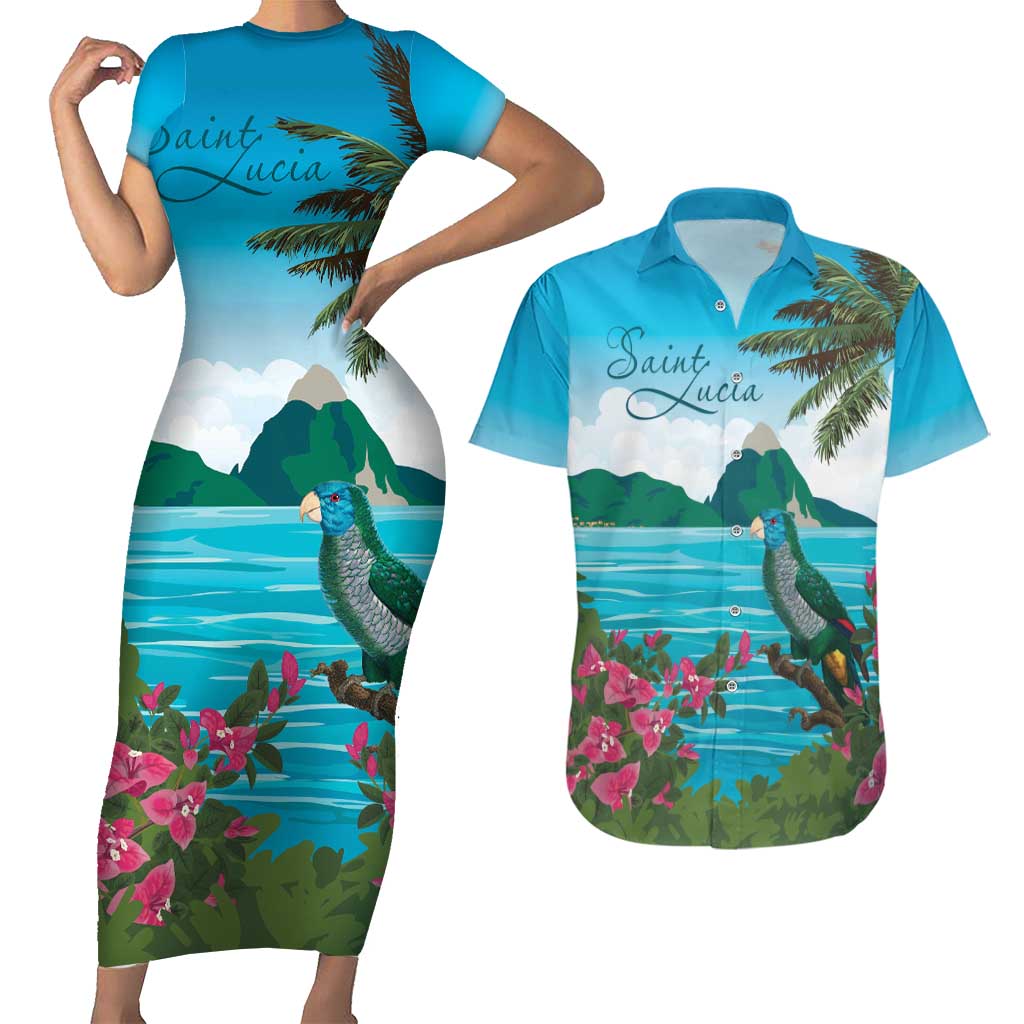 Saint Lucia Island Couples Matching Short Sleeve Bodycon Dress and Hawaiian Shirt Pitons Landscape