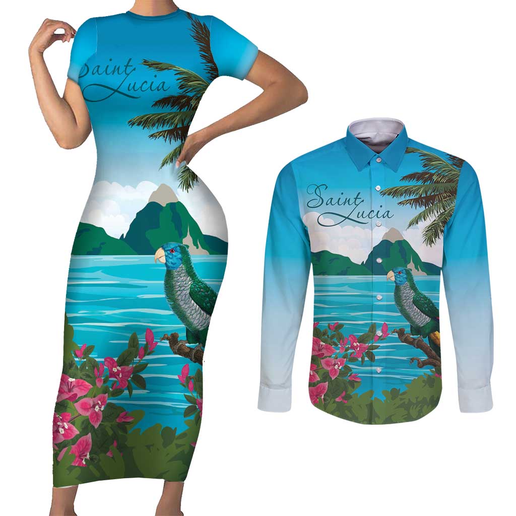 Saint Lucia Island Couples Matching Short Sleeve Bodycon Dress and Long Sleeve Button Shirt Pitons Landscape