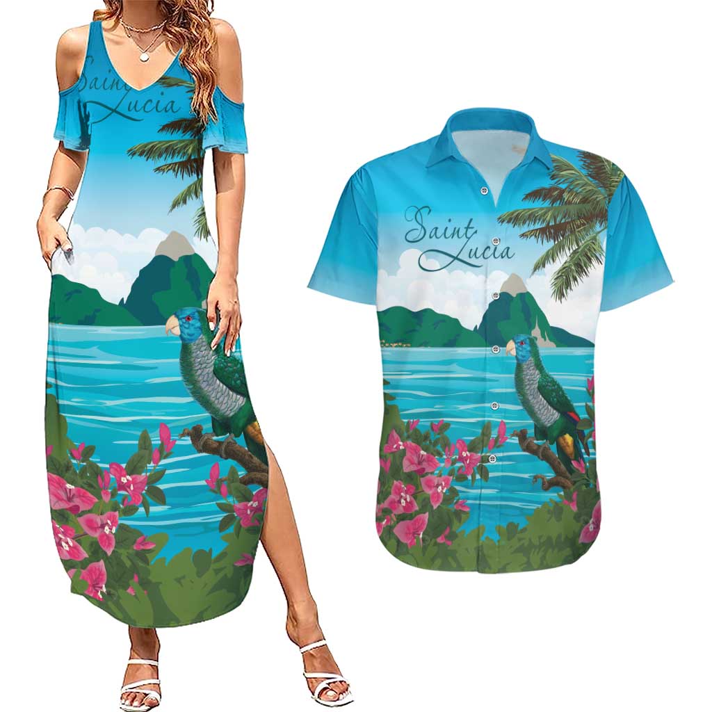 Saint Lucia Island Couples Matching Summer Maxi Dress and Hawaiian Shirt Pitons Landscape