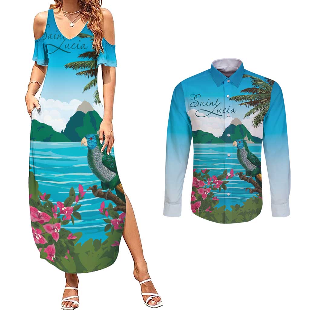 Saint Lucia Island Couples Matching Summer Maxi Dress and Long Sleeve Button Shirt Pitons Landscape