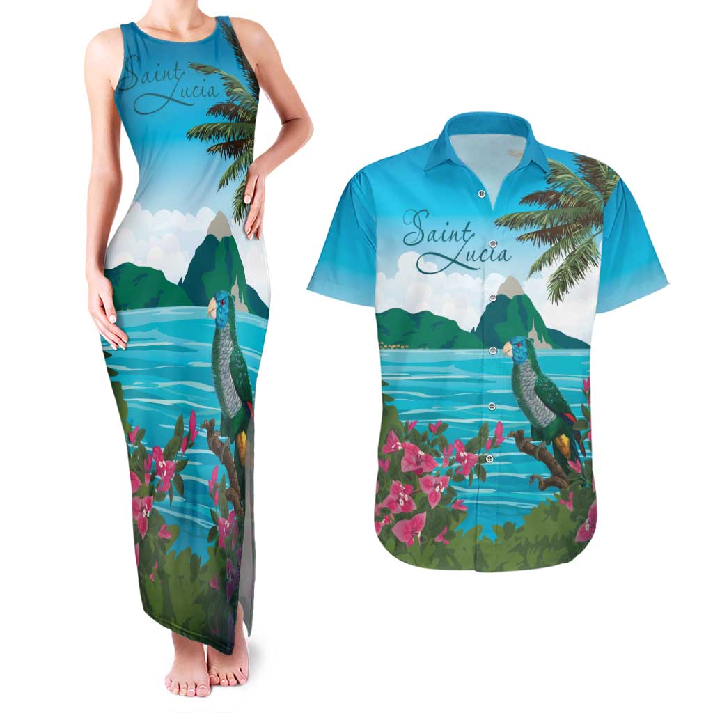 Saint Lucia Island Couples Matching Tank Maxi Dress and Hawaiian Shirt Pitons Landscape